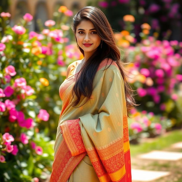 A hot girl wearing a traditional saree, the saree beautifully draped and showcasing intricate patterns and vibrant colors