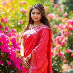 A hot girl wearing a traditional saree, the saree beautifully draped and showcasing intricate patterns and vibrant colors