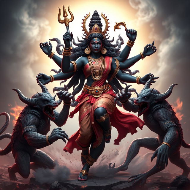 A dynamic 3D image of Devi Kaali, the fierce goddess depicted with multiple arms, energetically attacking two demons