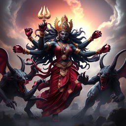 A dynamic 3D image of Devi Kaali, the fierce goddess depicted with multiple arms, energetically attacking two demons