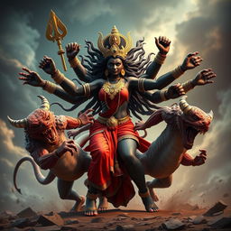 A dynamic 3D image of Devi Kaali, the fierce goddess depicted with multiple arms, energetically attacking two demons