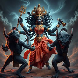A dynamic 3D image of Devi Kaali, the fierce goddess depicted with multiple arms, energetically attacking two demons