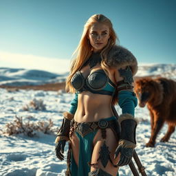 A blonde woman wearing a teal thong and micro bra combined with intricate medieval-style armor