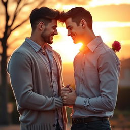 A romantic scene depicting a loving male couple, showcasing their affection for each other in a sweet and adorable way