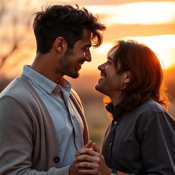 A romantic scene depicting a loving male couple, showcasing their affection for each other in a sweet and adorable way