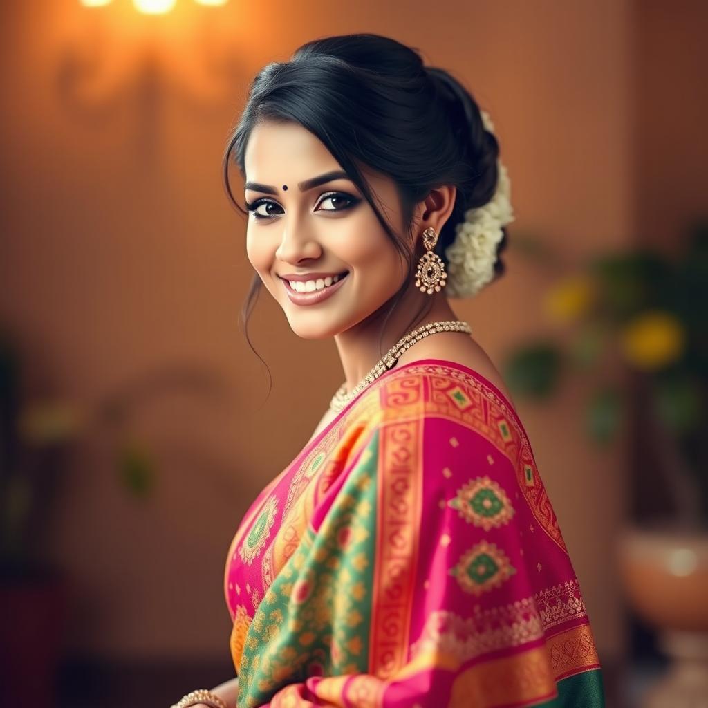 A stunning young woman elegantly draped in a vibrant and intricately designed saree, showcasing various traditional patterns and colors, with a beautiful smile on her face