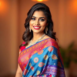A stunning young woman elegantly draped in a vibrant and intricately designed saree, showcasing various traditional patterns and colors, with a beautiful smile on her face