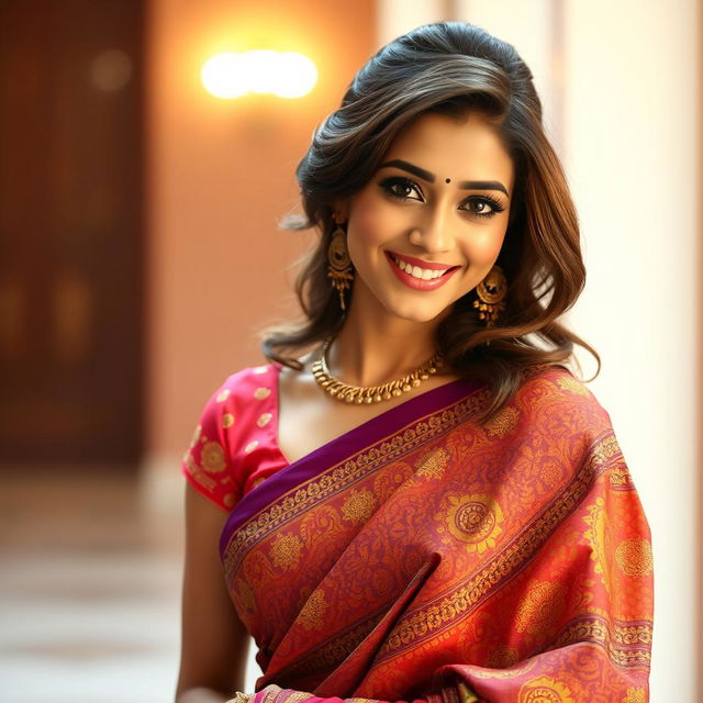 A stunning young woman elegantly draped in a vibrant and intricately designed saree, showcasing various traditional patterns and colors, with a beautiful smile on her face