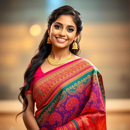 A stunning young woman elegantly draped in a vibrant and intricately designed saree, showcasing various traditional patterns and colors, with a beautiful smile on her face