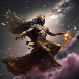 Ogun, Yoruba god of iron, flying in galaxies