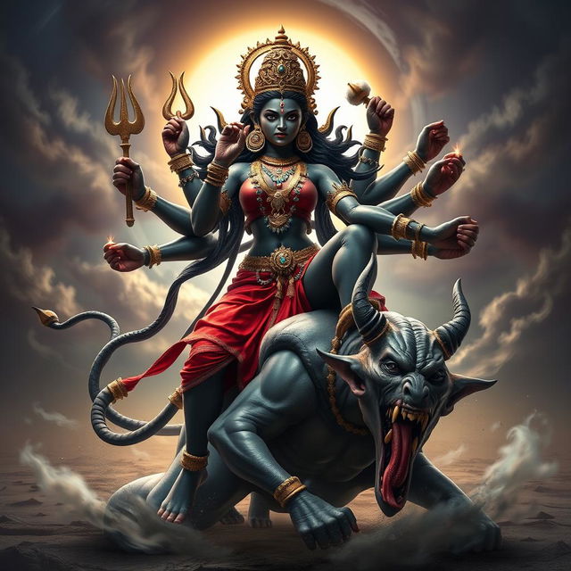 A striking 3D image of Devi Kaali, the powerful goddess, depicted with multiple arms, forcefully attacking a demon while keeping her leg on the demon's chest