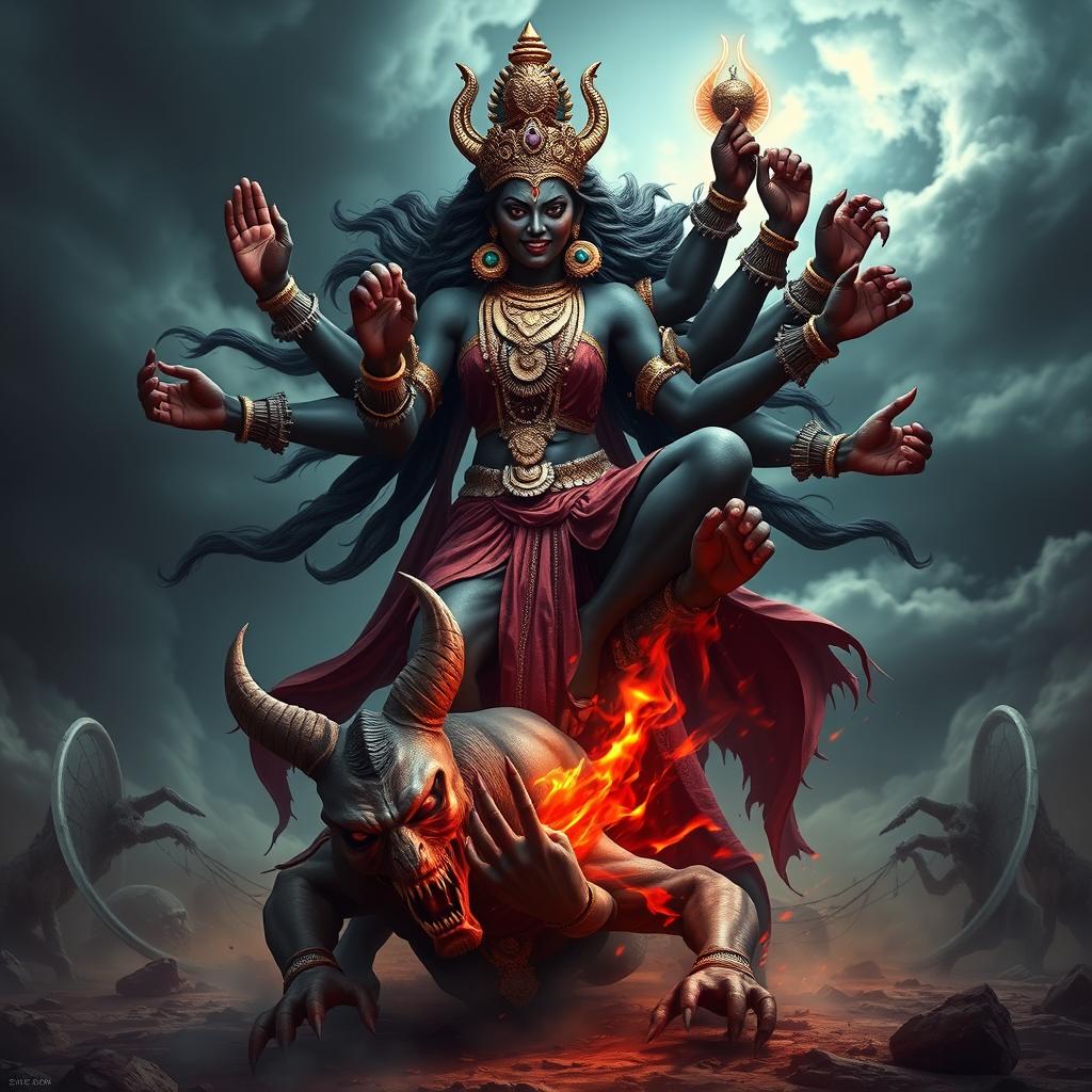 A striking 3D image of Devi Kaali, the powerful goddess, depicted with multiple arms, forcefully attacking a demon while keeping her leg on the demon's chest