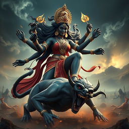 A striking 3D image of Devi Kaali, the powerful goddess, depicted with multiple arms, forcefully attacking a demon while keeping her leg on the demon's chest