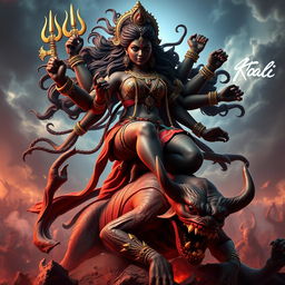 A striking 3D image of Devi Kaali, the powerful goddess, depicted with multiple arms, forcefully attacking a demon while keeping her leg on the demon's chest