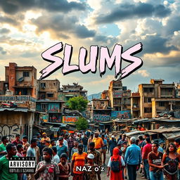 A stunning visual cover for the song 'Slums' by Naz o'z, featuring a vibrant urban landscape representing slum areas