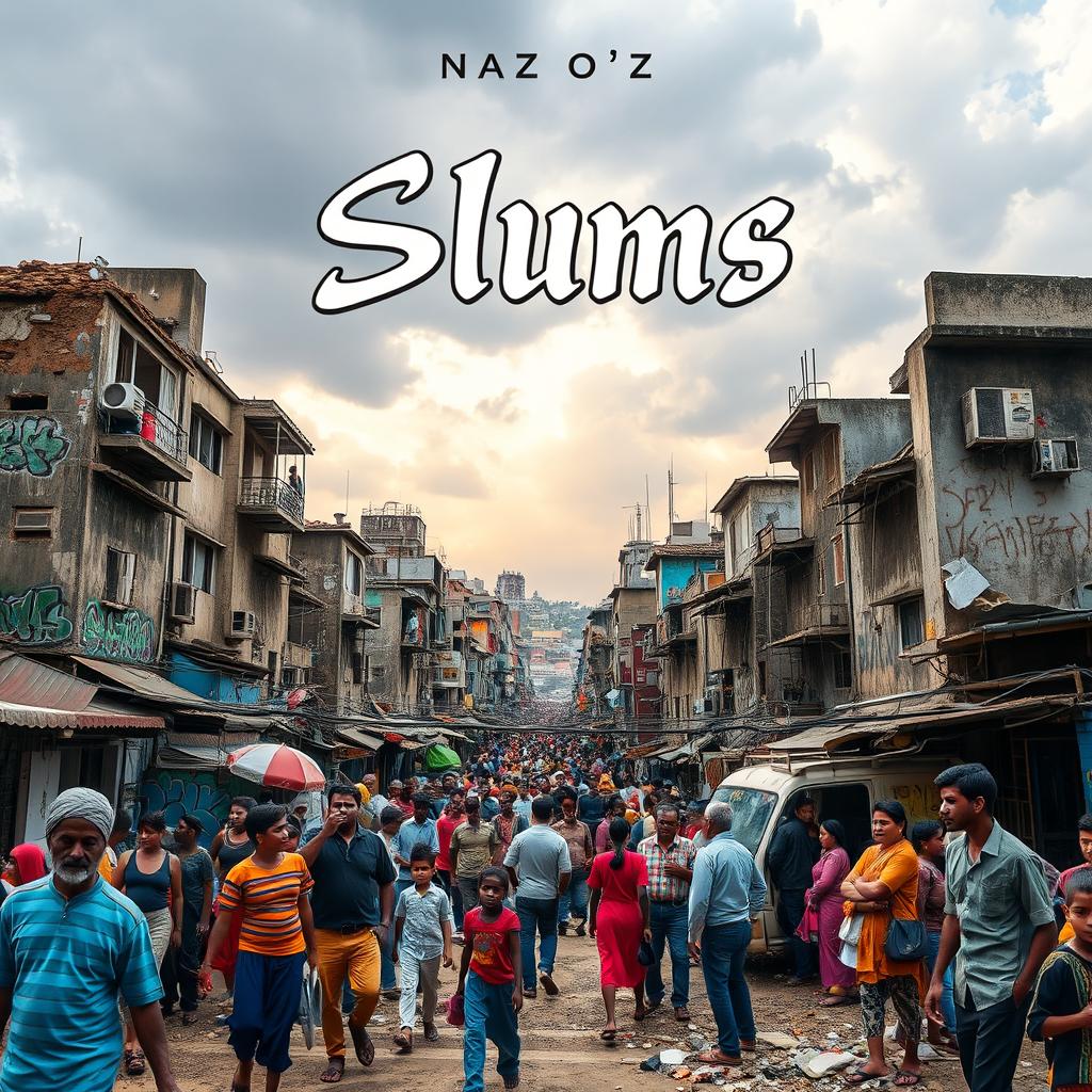 A stunning visual cover for the song 'Slums' by Naz o'z, featuring a vibrant urban landscape representing slum areas