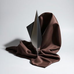 A composition featuring a sharp, angular sculpture made of shiny metal juxtaposed against a soft, flowing fabric draped artistically around it