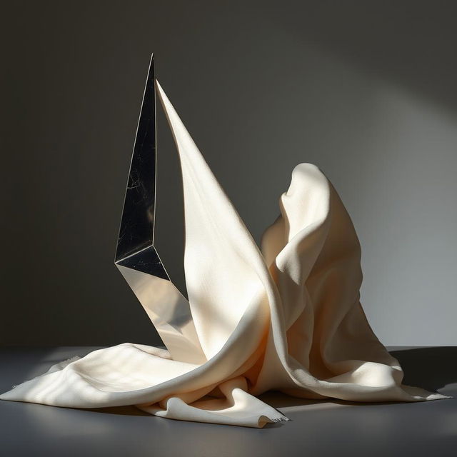 A composition featuring a sharp, angular sculpture made of shiny metal juxtaposed against a soft, flowing fabric draped artistically around it