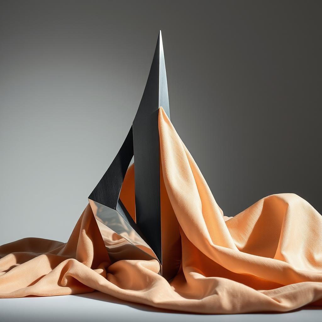 A composition featuring a sharp, angular sculpture made of shiny metal juxtaposed against a soft, flowing fabric draped artistically around it