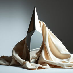 A composition featuring a sharp, angular sculpture made of shiny metal juxtaposed against a soft, flowing fabric draped artistically around it