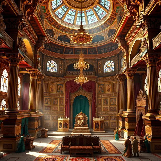 A majestic and opulent depiction of the Raj Sabha (Council Chamber) of The Grand Court, showcasing exquisite Mughal architecture