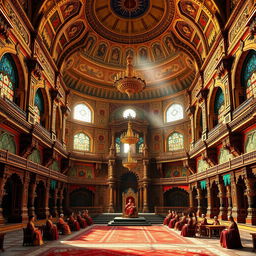 A majestic and opulent depiction of the Raj Sabha (Council Chamber) of The Grand Court, showcasing exquisite Mughal architecture