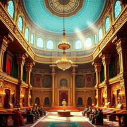A majestic and opulent depiction of the Raj Sabha (Council Chamber) of The Grand Court, showcasing exquisite Mughal architecture