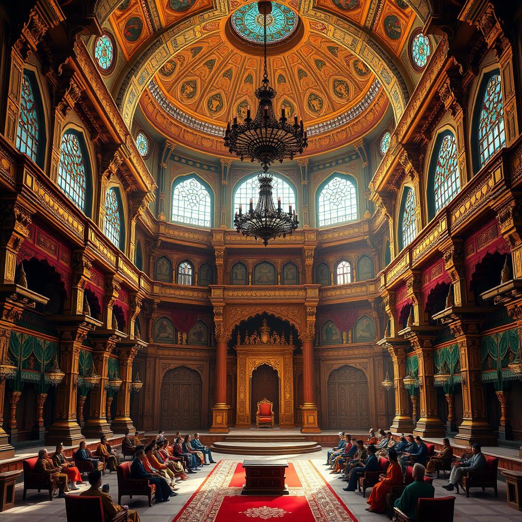 A majestic and opulent depiction of the Raj Sabha (Council Chamber) of The Grand Court, showcasing exquisite Mughal architecture