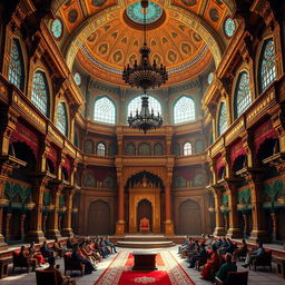 A majestic and opulent depiction of the Raj Sabha (Council Chamber) of The Grand Court, showcasing exquisite Mughal architecture