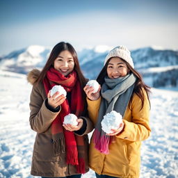 Two beautiful Asian women posing defiantly on snow, wearing scarves around their necks and special outfits suitable for snowy regions, facing the camera with soft and cute smiles while holding snowballs