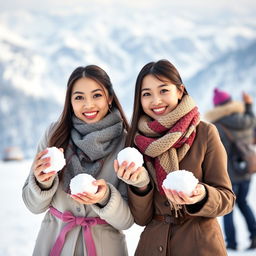 Two beautiful Asian women posing defiantly on snow, wearing scarves around their necks and special outfits suitable for snowy regions, facing the camera with soft and cute smiles while holding snowballs