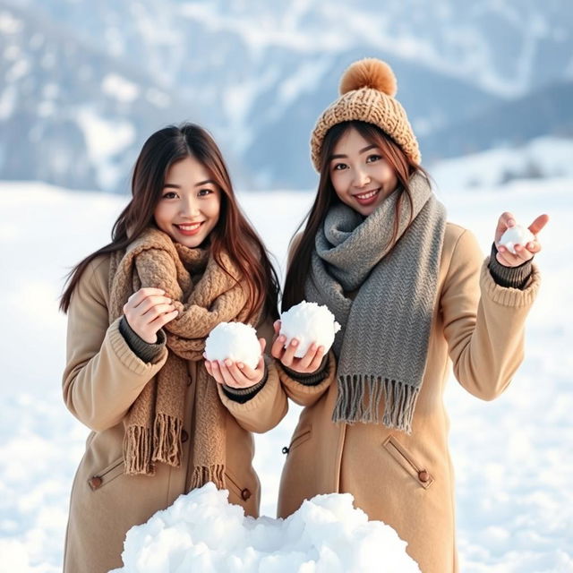 Two beautiful Asian women posing defiantly on snow, wearing scarves around their necks and special outfits suitable for snowy regions, facing the camera with soft and cute smiles while holding snowballs