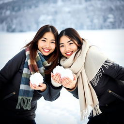 Two beautiful Asian women posing defiantly on snow, wearing scarves around their necks and special outfits suitable for snowy regions, facing the camera with soft and cute smiles while holding snowballs