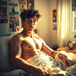 A 16-year-old young man is waking up from sleep, lying in a sunlit bedroom