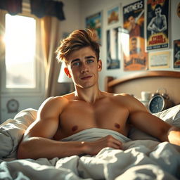 A 16-year-old young man is waking up from sleep, lying in a sunlit bedroom