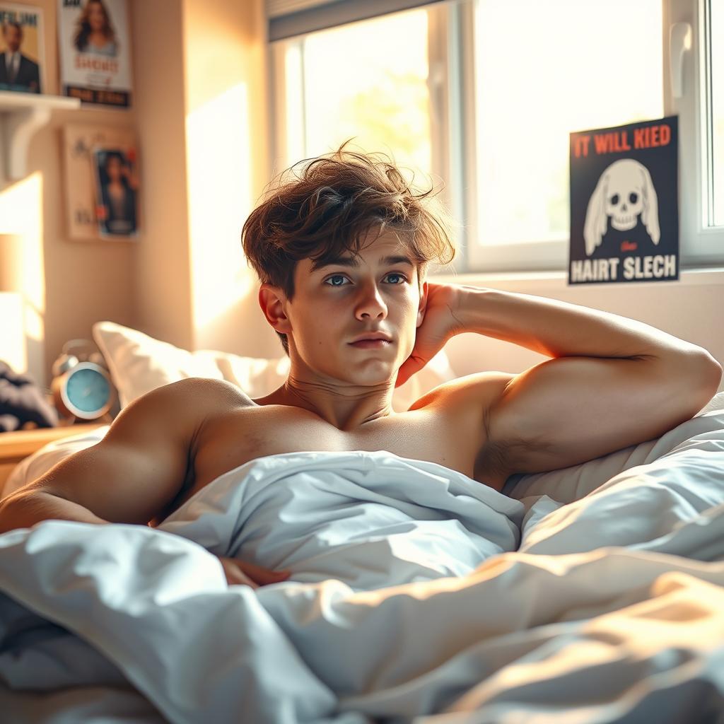 A 16-year-old young man is waking up from sleep, lying in a sunlit bedroom