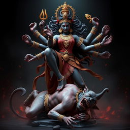A powerful 3D image of Devi Kaali, the fierce goddess, attacking a demon while keeping her foot firmly on the demon's chest
