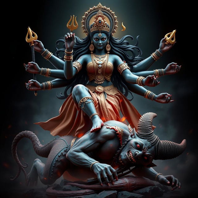 A powerful 3D image of Devi Kaali, the fierce goddess, attacking a demon while keeping her foot firmly on the demon's chest