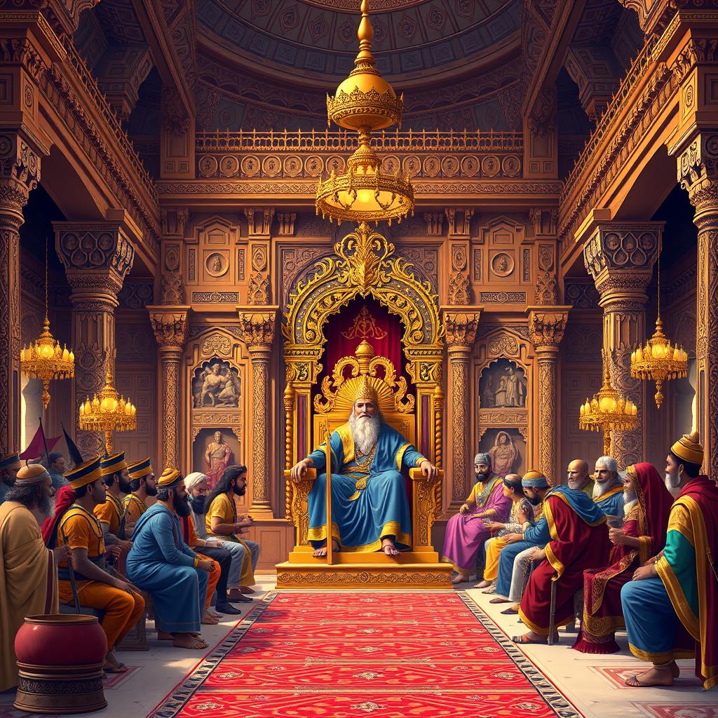 A grand depiction of the Raj Sabha (Royal Court) of King Dhritarashtra, set in the ancient kingdom of Hastinapura