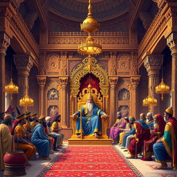 A grand depiction of the Raj Sabha (Royal Court) of King Dhritarashtra, set in the ancient kingdom of Hastinapura