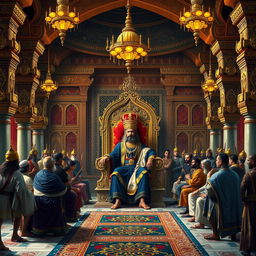 A grand depiction of the Raj Sabha (Royal Court) of King Dhritarashtra, set in the ancient kingdom of Hastinapura