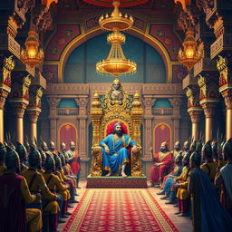 A grand depiction of the Raj Sabha (Royal Court) of King Dhritarashtra, set in the ancient kingdom of Hastinapura