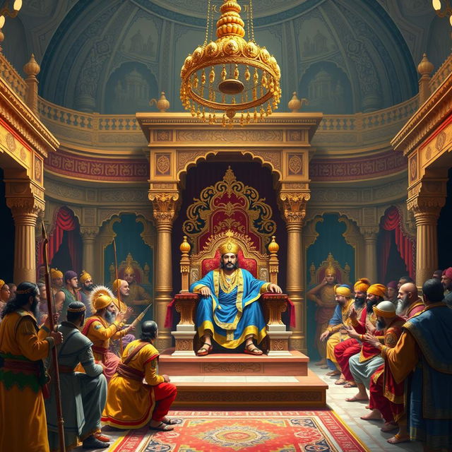 A grand depiction of the Raj Sabha (Royal Court) of King Dhritarashtra, set in the ancient kingdom of Hastinapura