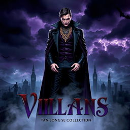 A striking and dramatic album cover for a villain-themed song collection