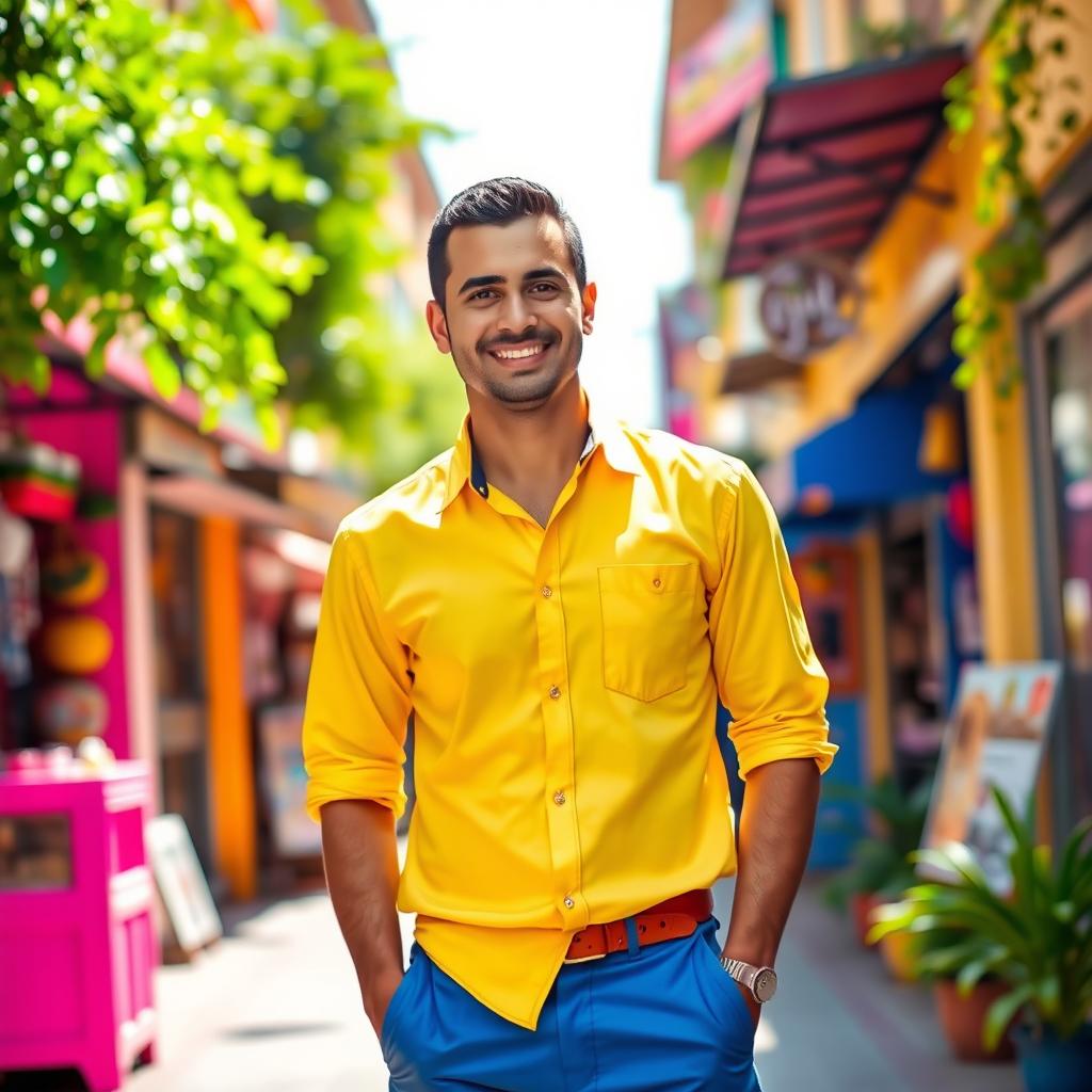 A man wearing a bright yellow shirt and blue trousers, standing confidently with a friendly smile