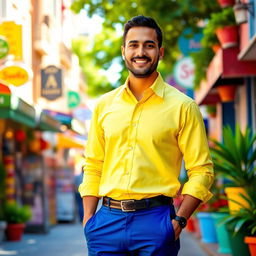 A man wearing a bright yellow shirt and blue trousers, standing confidently with a friendly smile