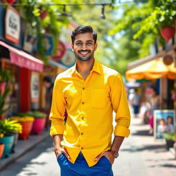 A man wearing a bright yellow shirt and blue trousers, standing confidently with a friendly smile
