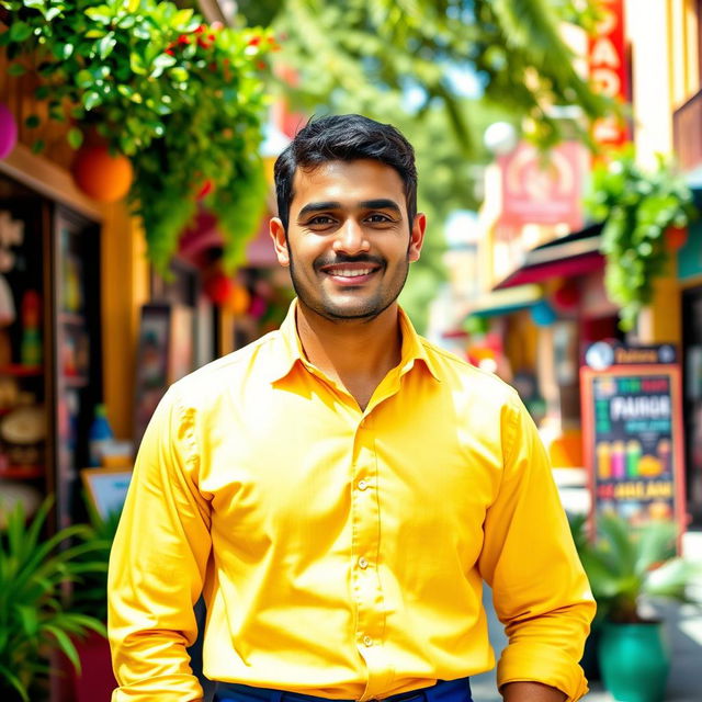 A man wearing a bright yellow shirt and blue trousers, standing confidently with a friendly smile