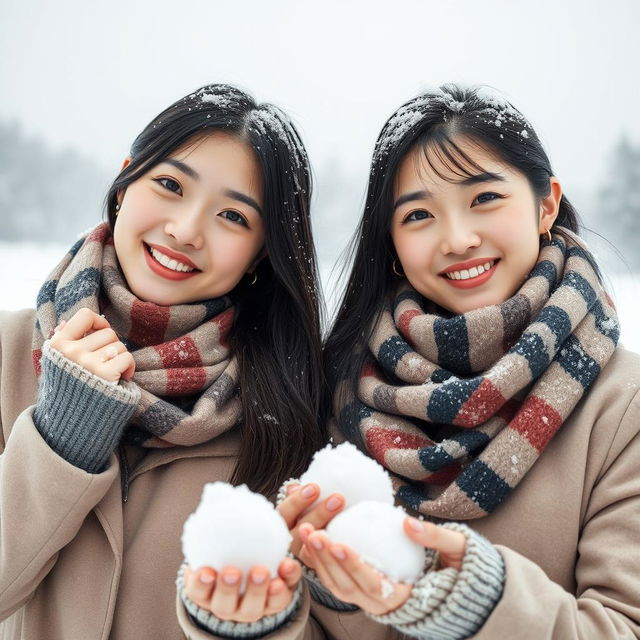 Two beautiful Asian women posing challengingly in the snow, wearing scarves around their necks and special winter clothing designed for snowy regions