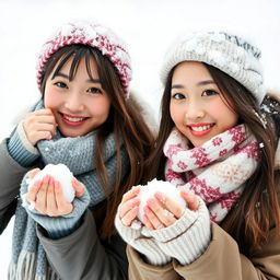Two beautiful Asian women posing challengingly in the snow, wearing scarves around their necks and special winter clothing designed for snowy regions